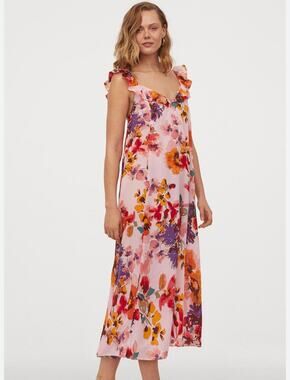 H&M flounce-trim dress features a vibrant pink floral print and ruffled strap